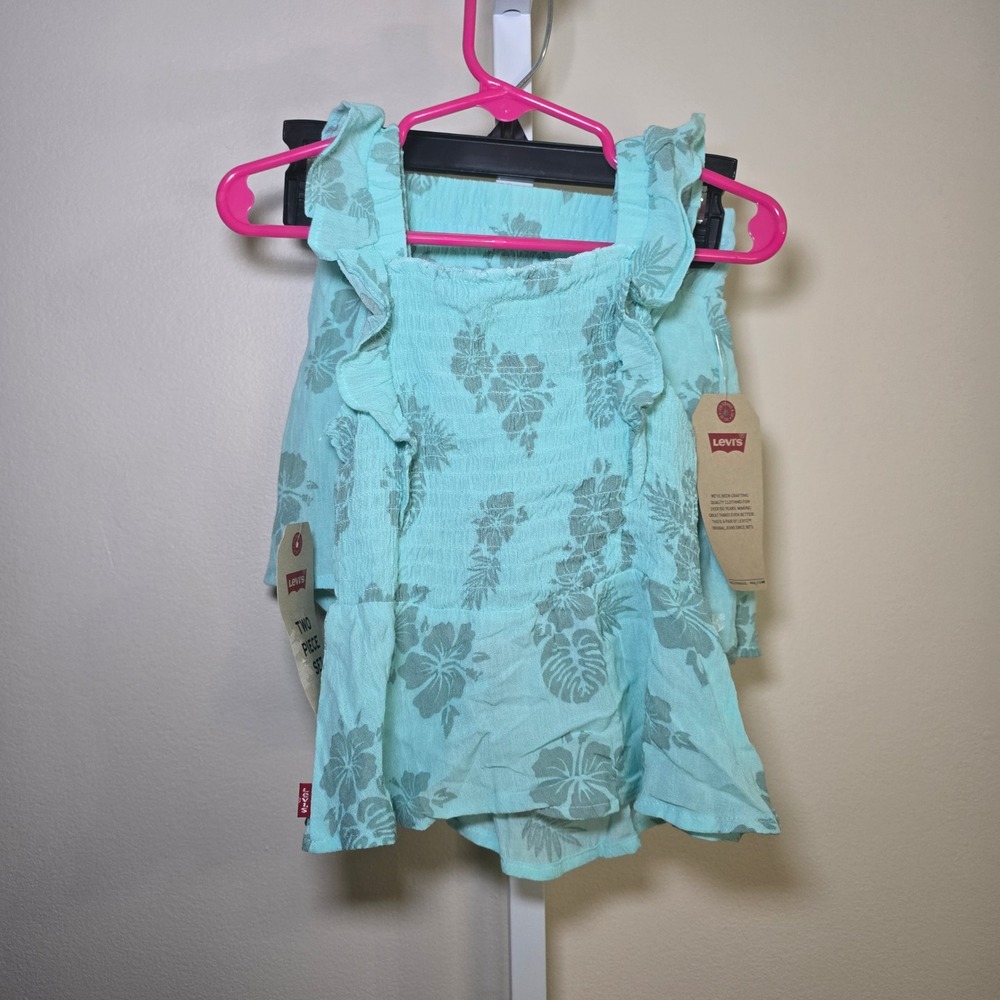 Levi's Girls Aqua Floral Two Piece Set Top and Shorts Tropical Outfit sz 4XS